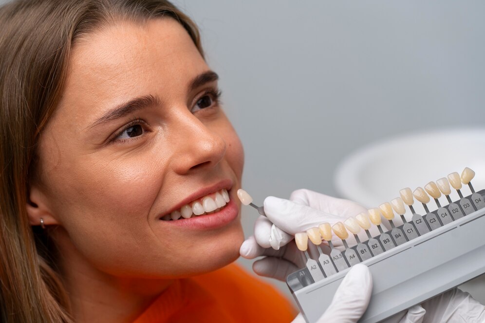 A imagem mostra uma mulher colocando implante dentário