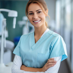 profissional dentista, Mulher, de pé e de frente com braços cruzados. Roupa Azula e branca