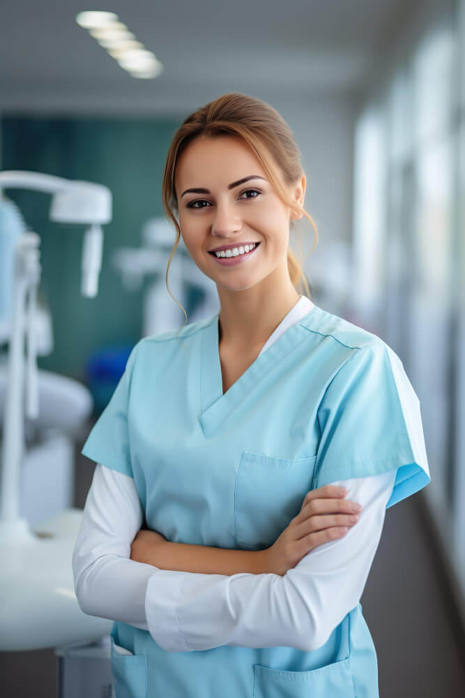 profissional dentista, Mulher, de pé e de frente com braços cruzados. Roupa Azula e branca